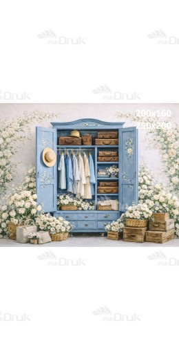 Tło fotograficzne „Niebieska garderoba wśród białych kwiatów” | E847